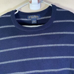 Brooks Brothers Men Large Merino Wool Sweater Crew Neck Navy Stripe Winter City
